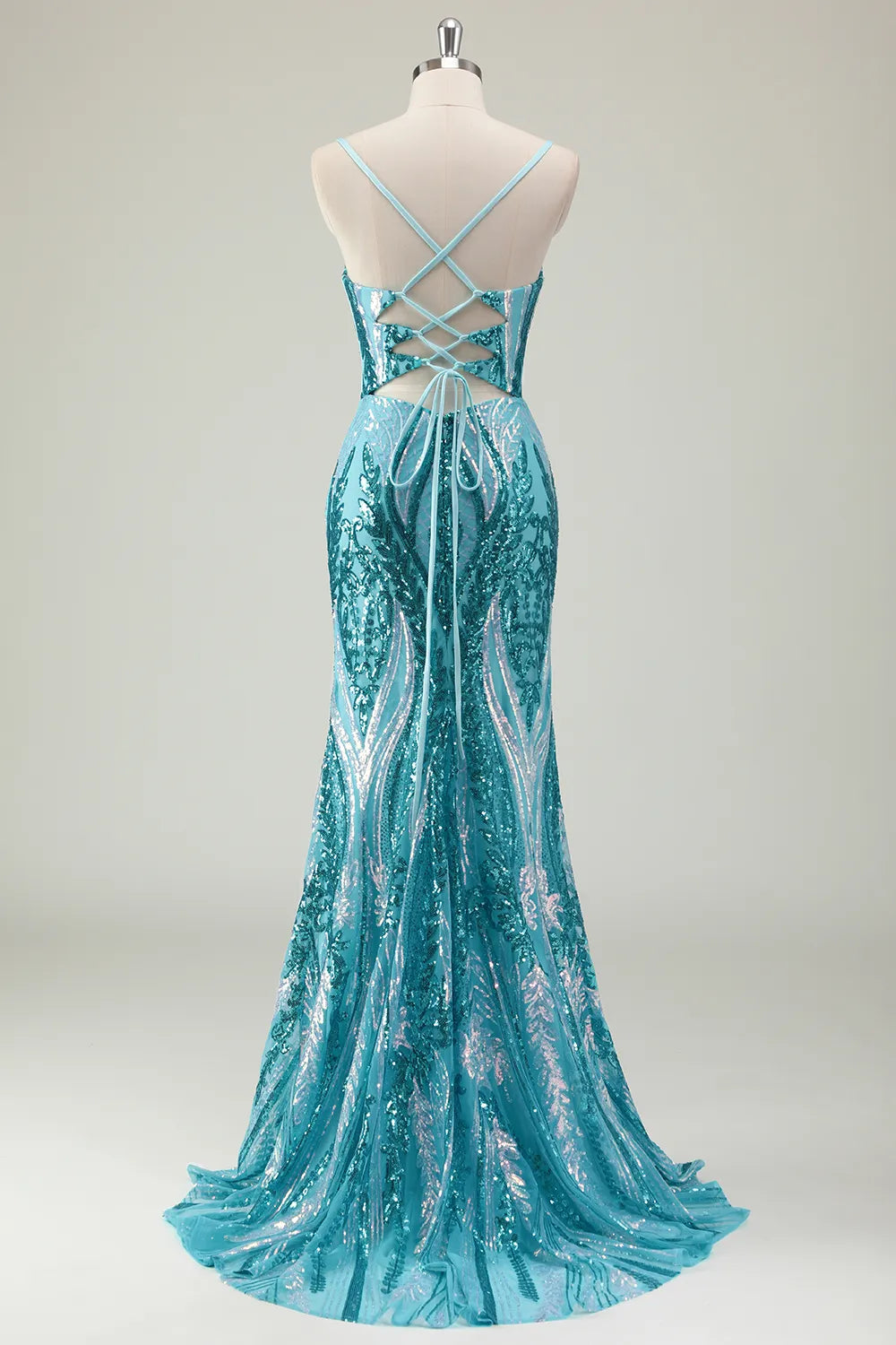 Sparkly Blue Spaghetti Straps Mermaid Long Prom Dress with Sequins 