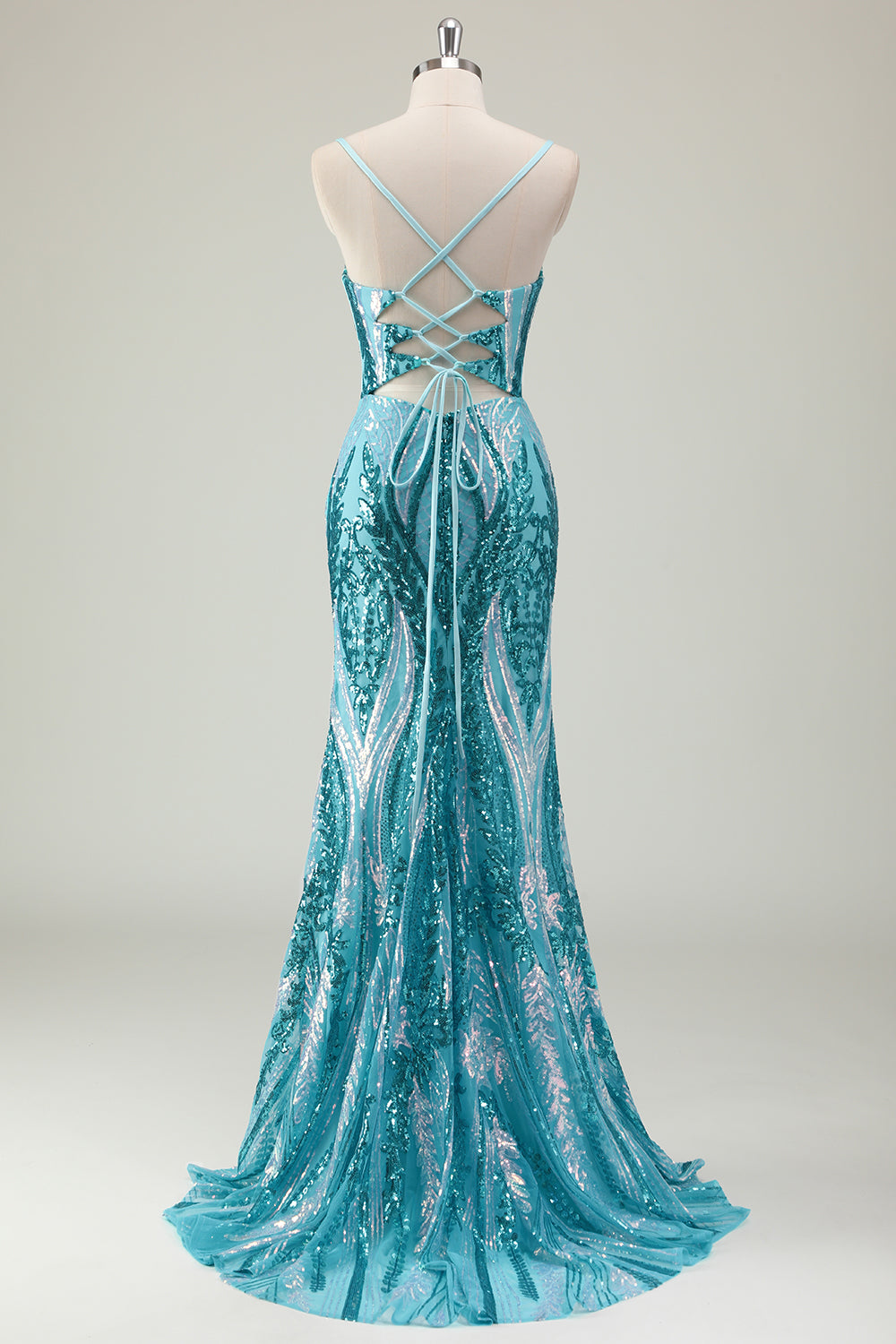 Sparkly Blue Spaghetti Straps Mermaid Long Prom Dress with Slit