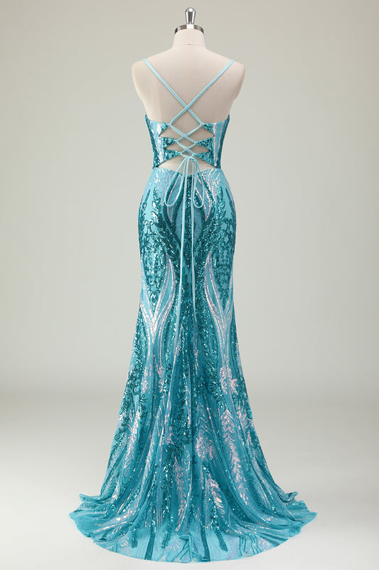 Sparkly Blue Spaghetti Straps Mermaid Long Prom Dress with Slit