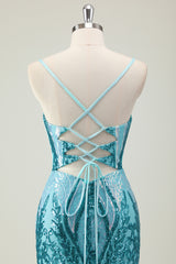 Sparkly Blue Spaghetti Straps Mermaid Long Prom Dress with Slit