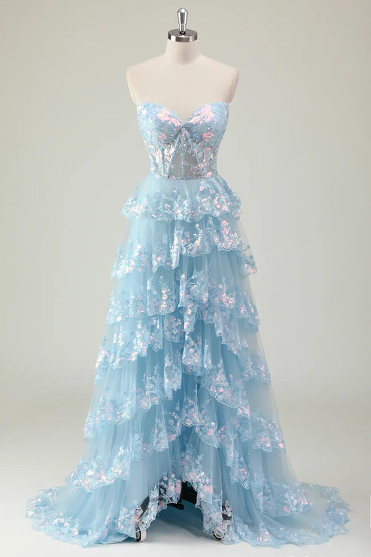 Sparkly Blue Strapless Corset Long Sequined Prom Dress with Slit