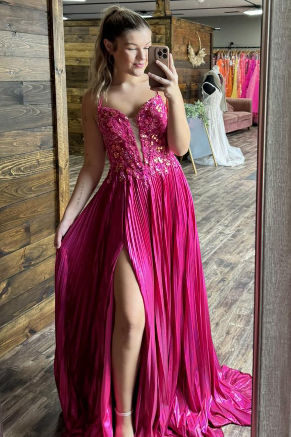 Sparkly Fuchsia A-Line Corset Long Prom Dress with Slit