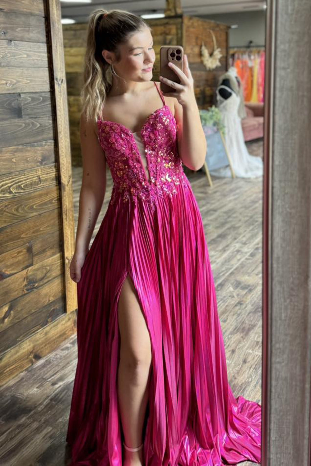 Sparkly Fuchsia A-Line Corset Long Prom Dress with Slit