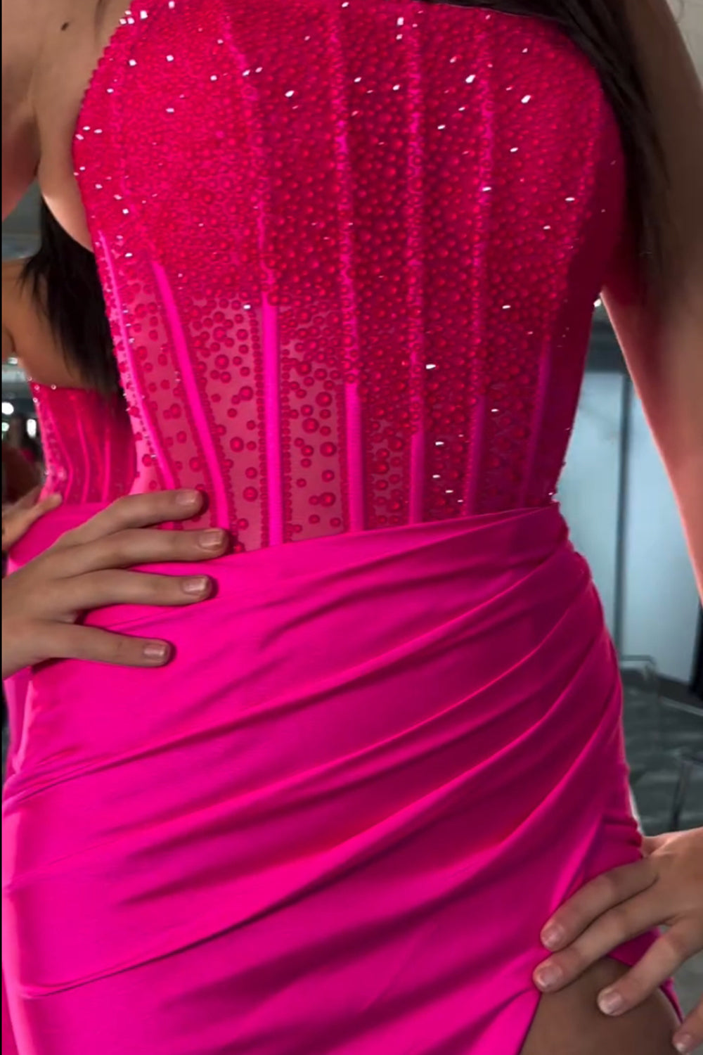 Sparkly Red Strapless Corset Long Prom Dress with Slit