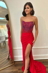 Sparkly Red Strapless Corset Long Prom Dress with Slit