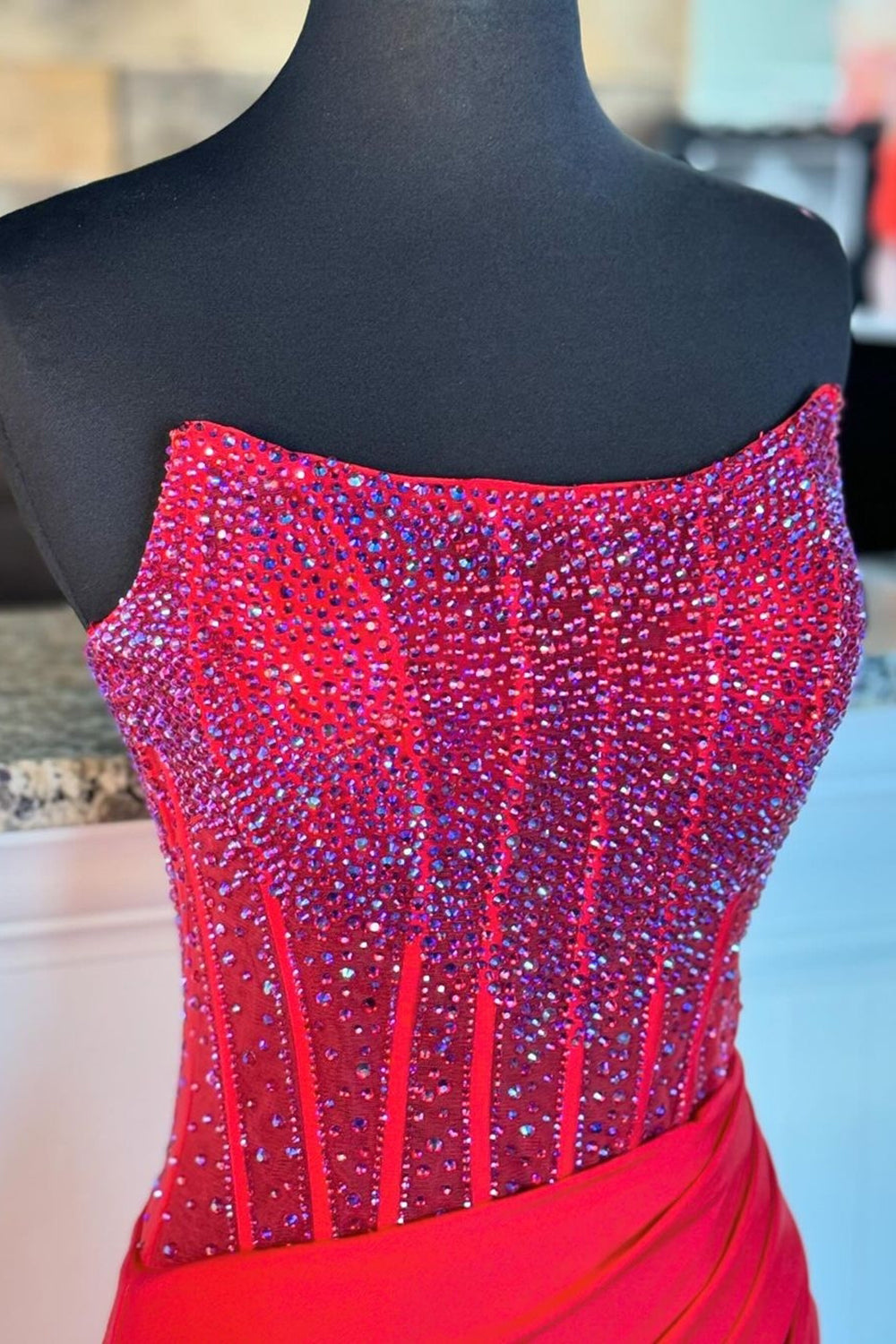 Sparkly Red Strapless Corset Long Prom Dress with Slit