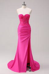 Fuchsia Strapless Mermaid Corset Satin Long Prom Dress with Appliques