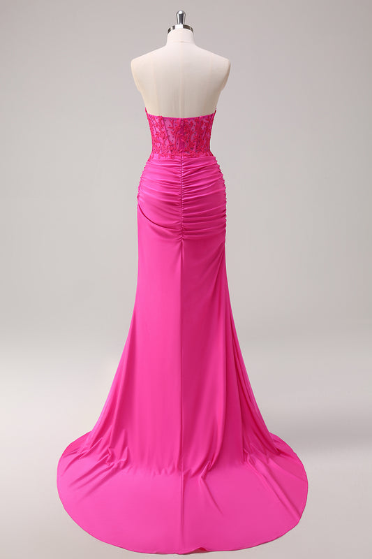 Fuchsia Strapless Mermaid Corset Satin Long Prom Dress with Appliques