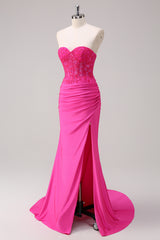 Fuchsia Strapless Mermaid Corset Satin Long Prom Dress with Appliques