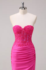 Fuchsia Strapless Mermaid Corset Satin Long Prom Dress with Appliques