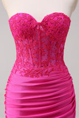 Fuchsia Strapless Mermaid Corset Satin Long Prom Dress with Appliques