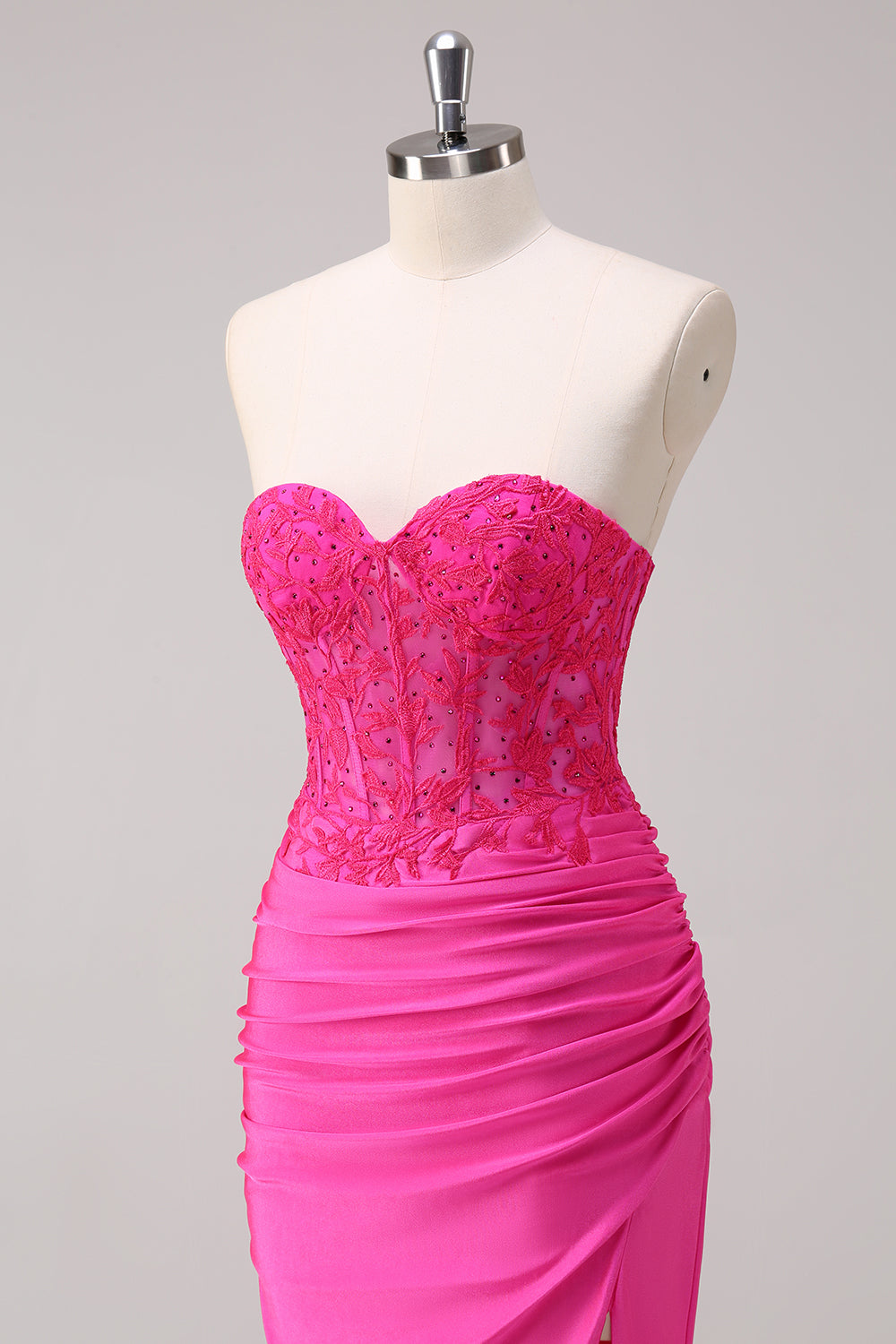 Fuchsia Strapless Mermaid Corset Satin Long Prom Dress with Appliques