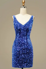 Royal Blue V Neck Sequins Homecoming Dress