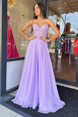 Lilac Corset A-Line Sweetheart Long Chiffon Prom Dress with Slit