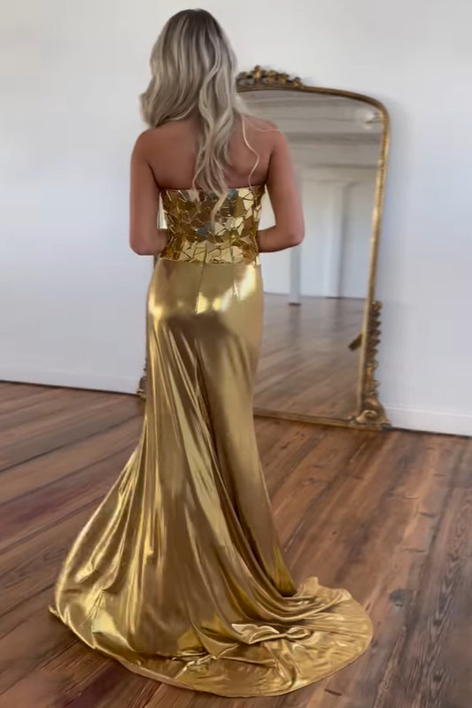 Golden Strapless Mermaid Mirror Ruched Long Prom Dress with Slit