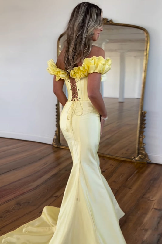 Yellow Strapless Mermaid Corset Long Prom Dress with Ruffles