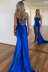 Royal Blue Strapless Mermaid Corset Long Prom Dress with Slit