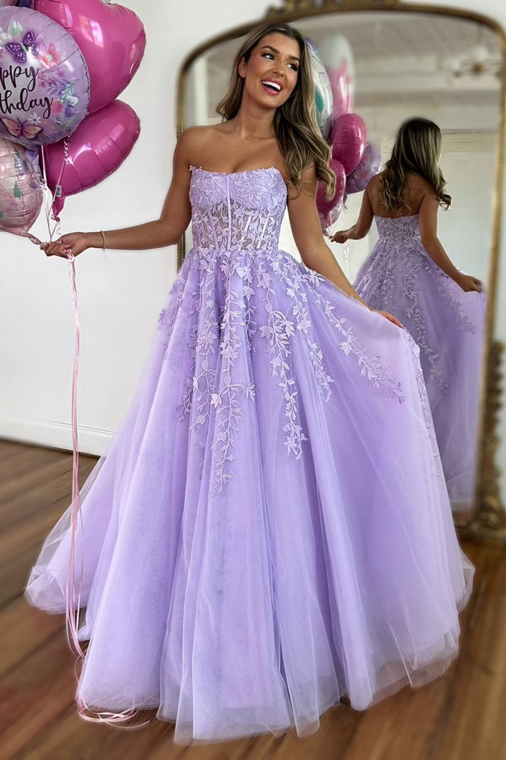 A Line Lilac Strapless Corset Tulle Long Prom Dress with Appliques