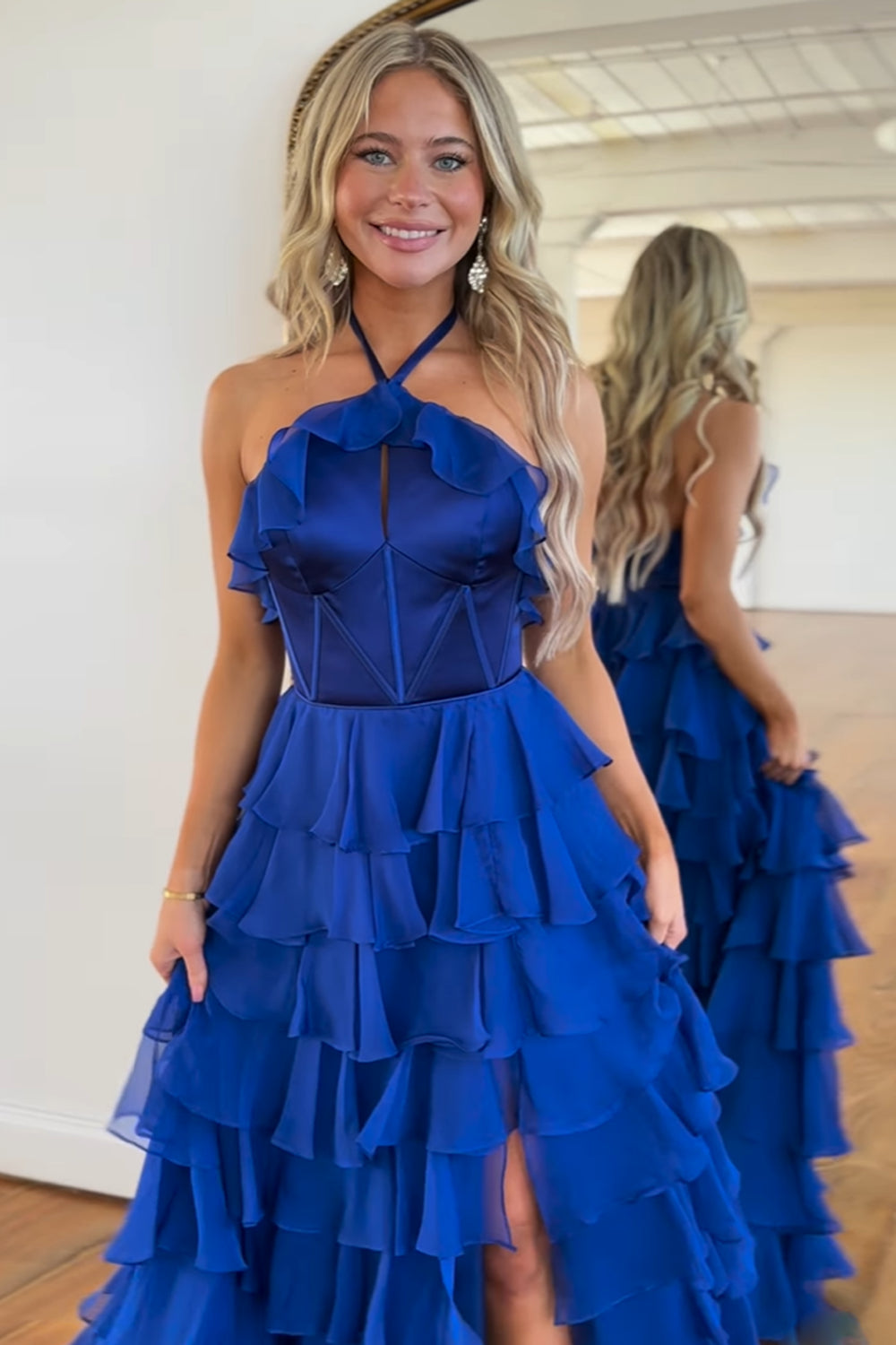 Halter Royal Blue A Line Tiered Corset Long Prom Dress with Slit