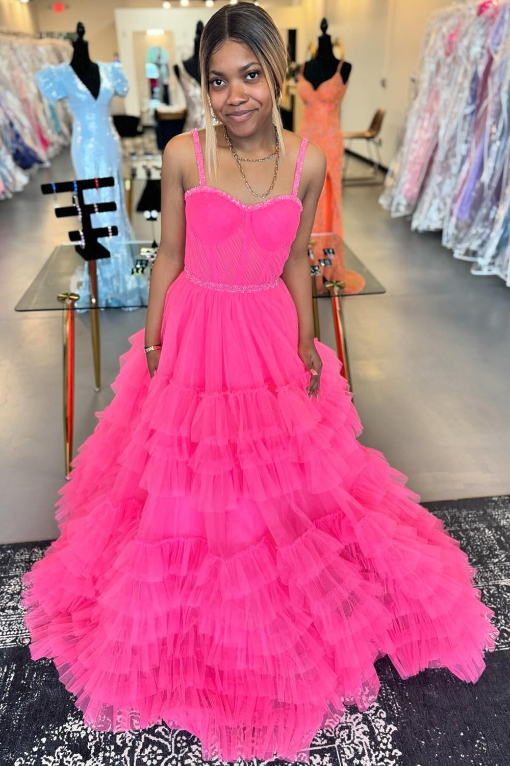 A Line Pink Spaghetti Straps Tiered Corset Tulle Long Prom Dress