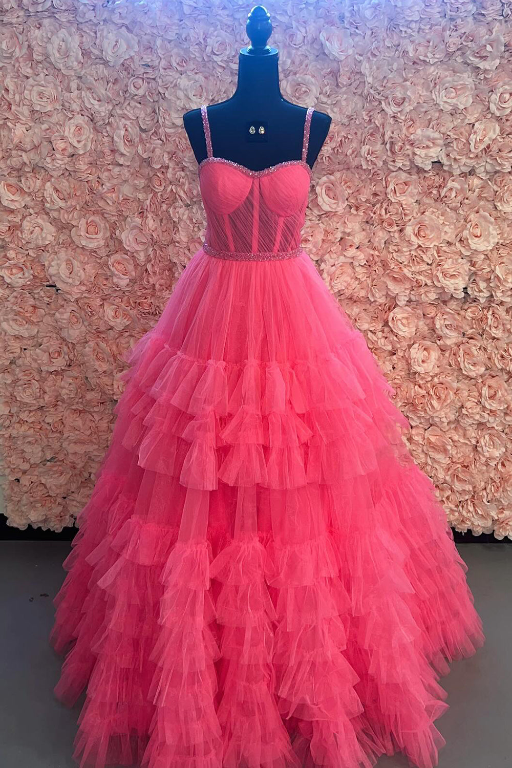 A Line Pink Spaghetti Straps Tiered Corset Tulle Long Prom Dress