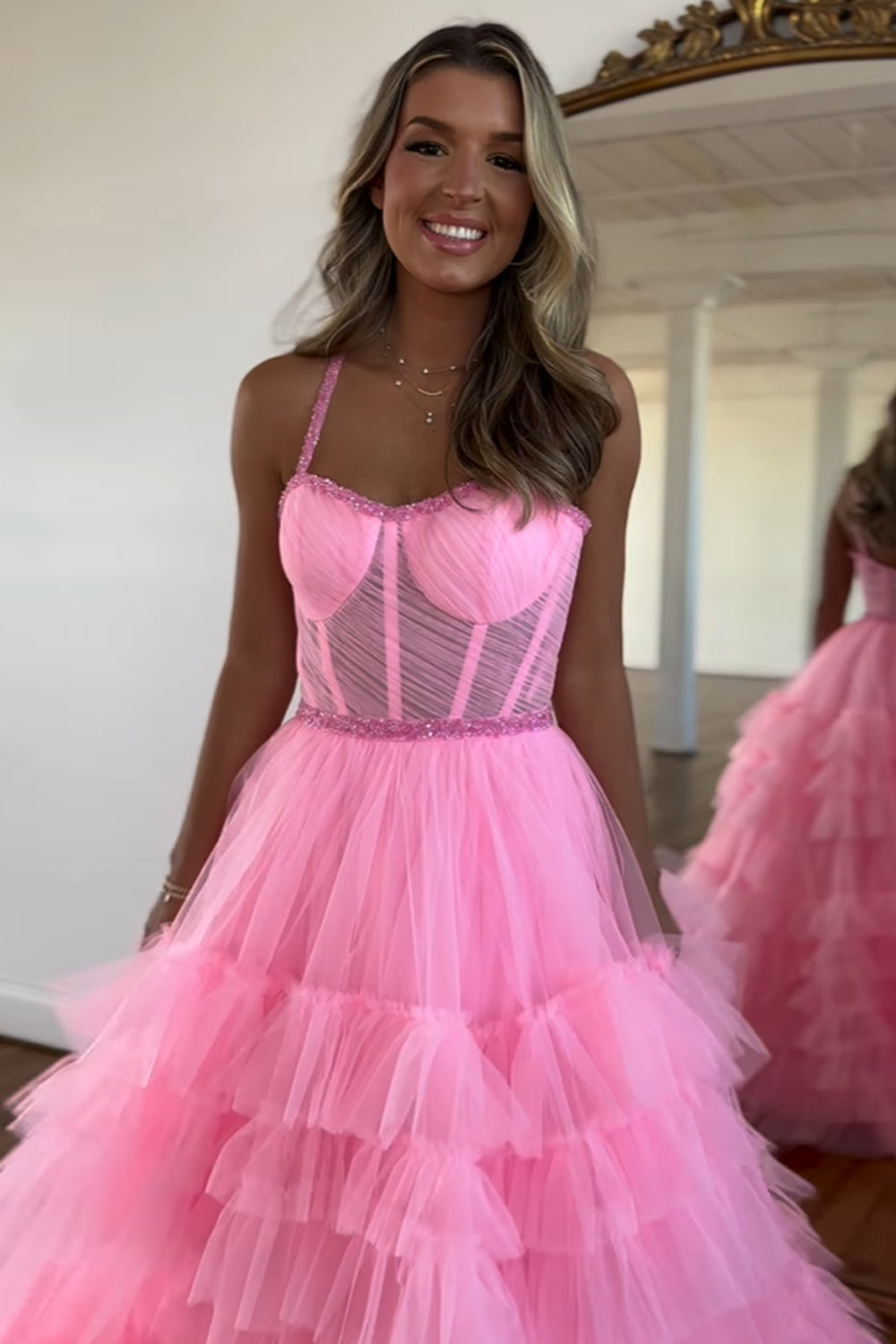 A Line Pink Spaghetti Straps Tiered Corset Tulle Long Prom Dress