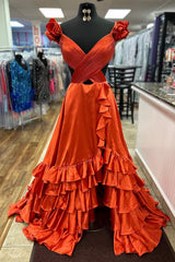 Red Ruffled Satin Hollow Out Long Prom Dress