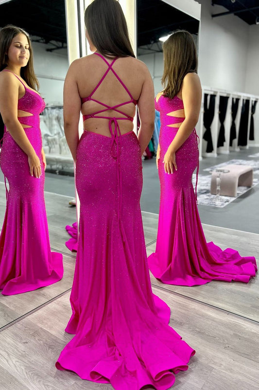 Sparkly Fuchsia Halter Mermaid Long Prom Dress with Lace-Up Back