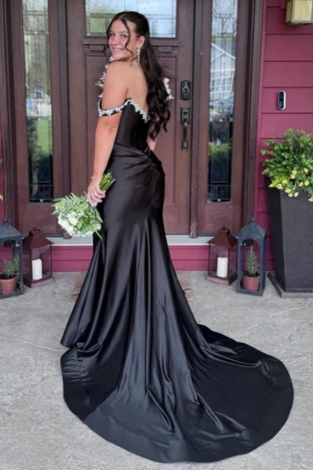 Sparkly Silver Off The Shoulder Mermaid Satin Long Prom Dress with Slit