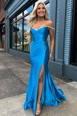 Sparkly Silver Off The Shoulder Mermaid Satin Long Prom Dress with Slit