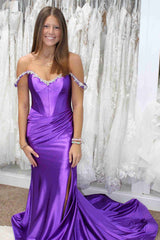 Sparkly Silver Off The Shoulder Mermaid Satin Long Prom Dress with Slit