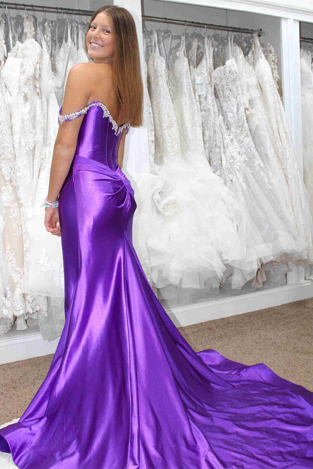 Sparkly Silver Off The Shoulder Mermaid Satin Long Prom Dress with Slit