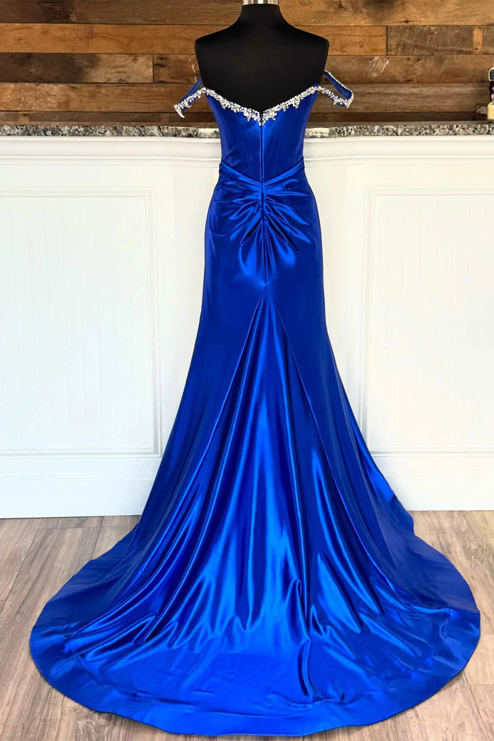 Sparkly Silver Off The Shoulder Mermaid Satin Long Prom Dress with Slit