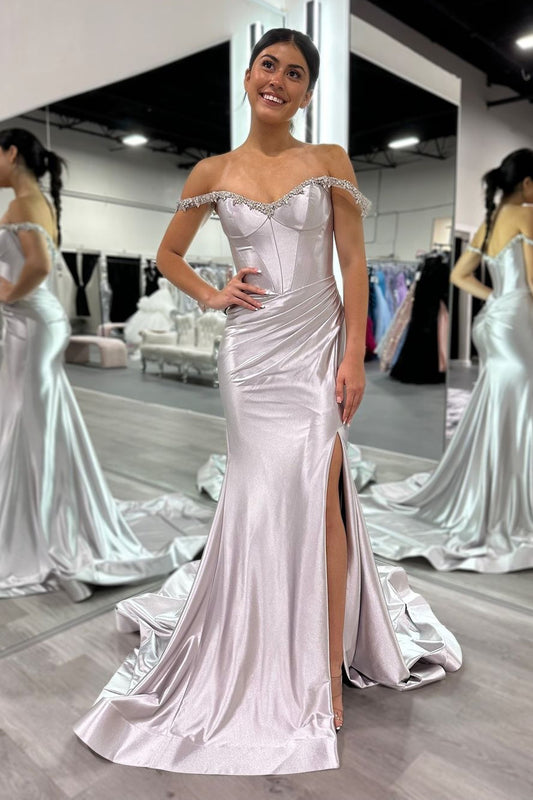 Sparkly Silver Off The Shoulder Mermaid Satin Long Prom Dress with Slit