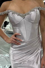 Sparkly Silver Off The Shoulder Mermaid Satin Long Prom Dress with Slit