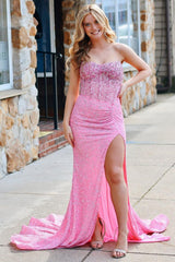 Sparkly Pink Mermaid Strapless Corset Long Prom Dress with Slit