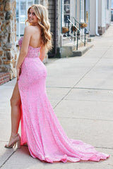 Sparkly Pink Mermaid Strapless Corset Long Prom Dress with Slit