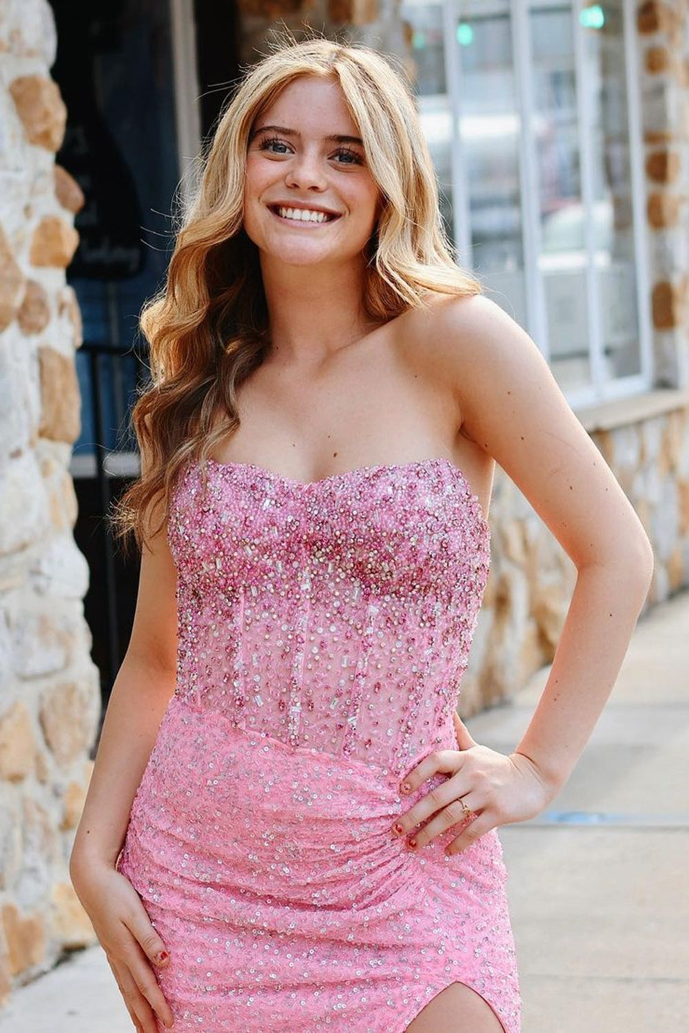 Sparkly Pink Mermaid Strapless Corset Long Prom Dress with Slit