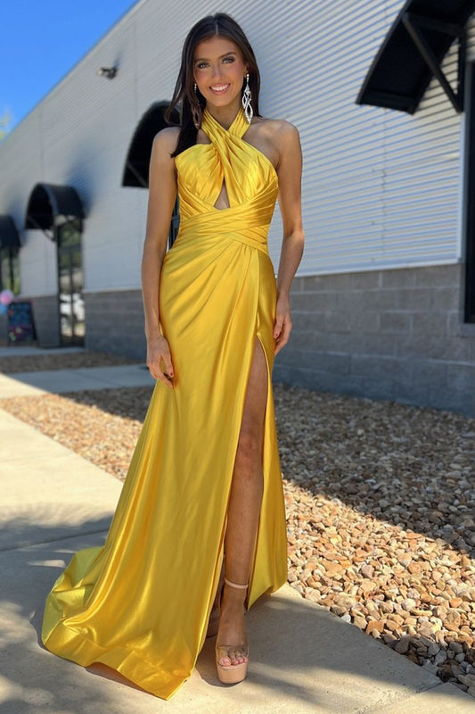 Yellow Halter Mermaid Satin Long Prom Dress with Slit