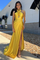 Yellow Halter Mermaid Satin Long Prom Dress with Slit