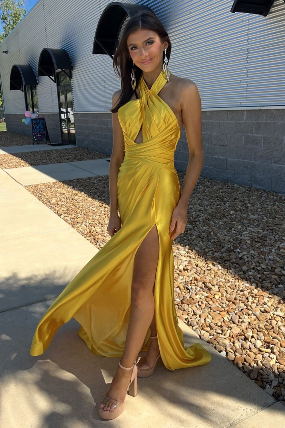 Yellow Halter Mermaid Satin Long Prom Dress with Slit