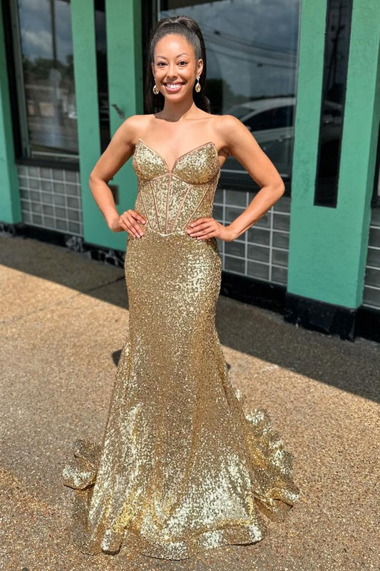 Sparkly Golden Strapless Mermaid Corset Long Prom Dress