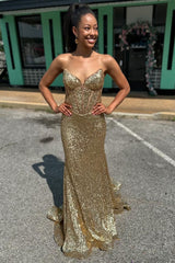 Sparkly Golden Strapless Mermaid Corset Long Prom Dress