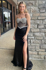 Sparkly Black Spaghetti Straps Mermaid Long Prom Dress with Slit