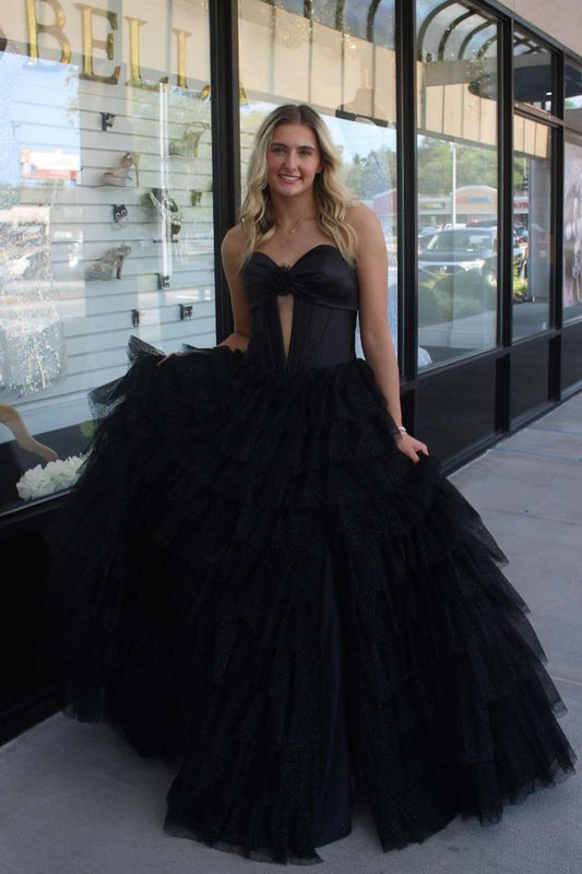 A Line Black Strapless Tiered Corset Tulle Long Prom Dress