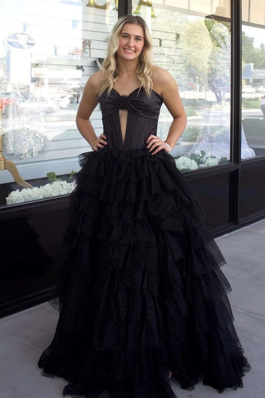 A Line Black Strapless Tiered Corset Tulle Long Prom Dress