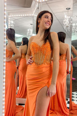 Sparkly Orange Strapless Mermaid Beaded Long Prom Dress with Slit