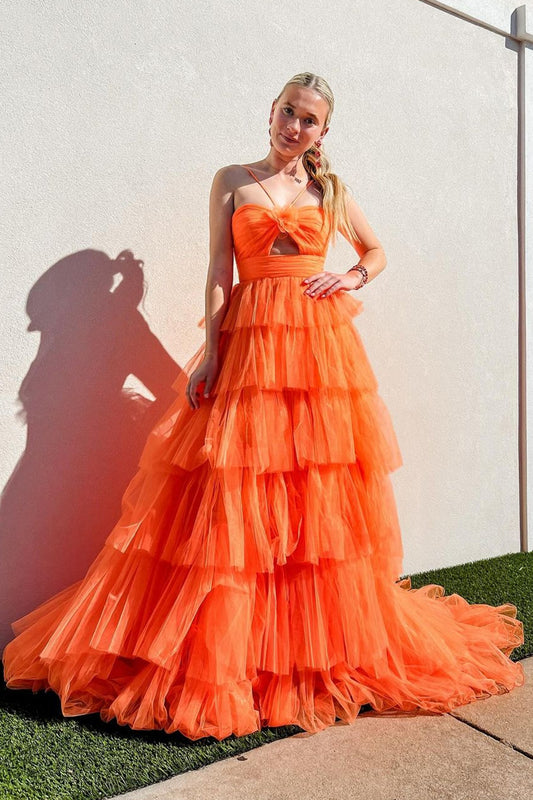 A Line Orange Halter Tiered Tulle Long Prom Dress with Keyhole 