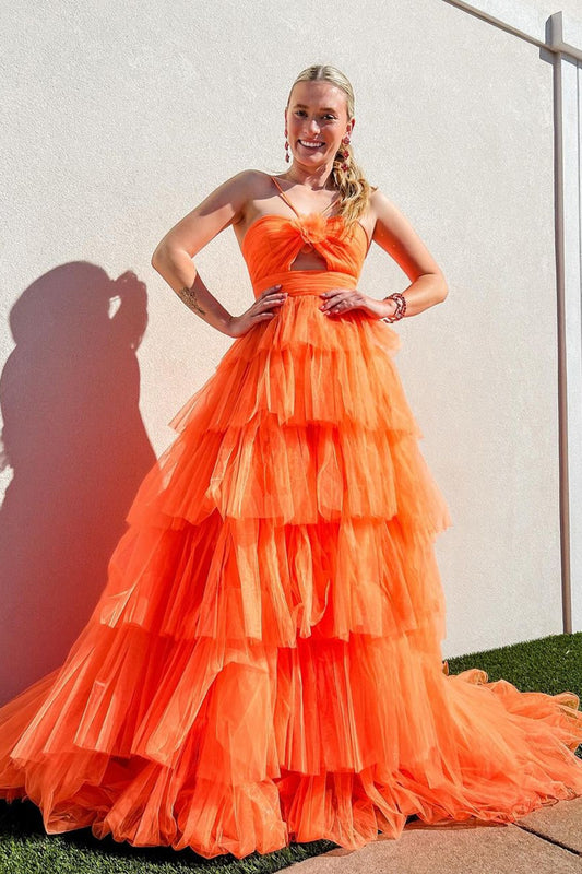 A Line Orange Halter Tiered Tulle Long Prom Dress with Keyhole 