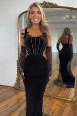 Spaghetti Straps Black Mermaid Corset Velvet Long Prom Dress(Gloves are not included)